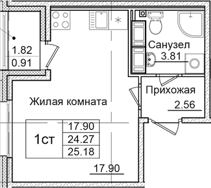 Квартира студия 25.18 м², 4/9 эт., ЖК «Квартал Заречье»